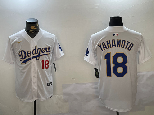 Men's White/Gold Los Angeles Dodgers #18 Yoshinobu Yamamoto Home Limited Stitched Baseball Jersey